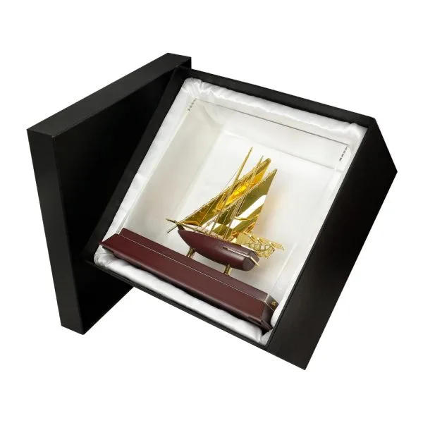UAE Golden Dhow Souvenir with Wooden Base & Acrylic Display Case